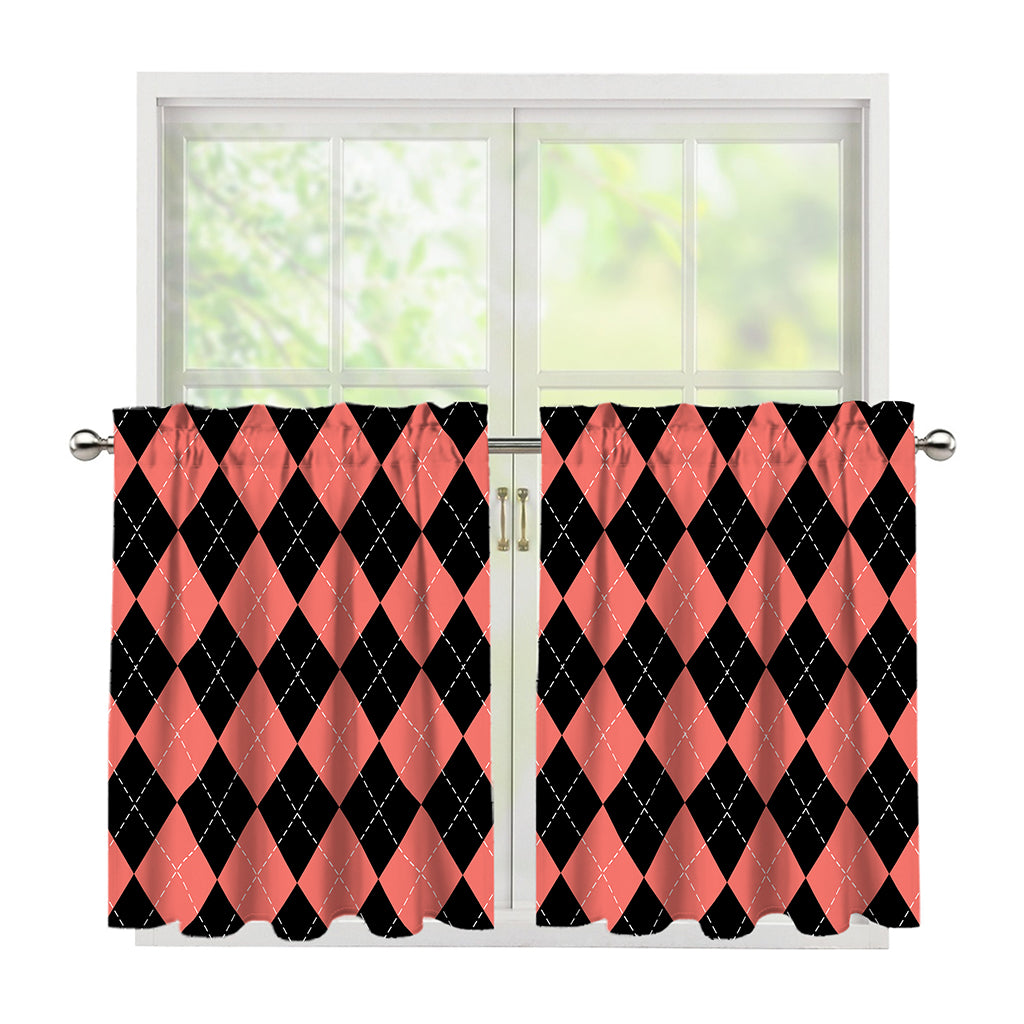Black And Coral Argyle Pattern Print Tier Curtains