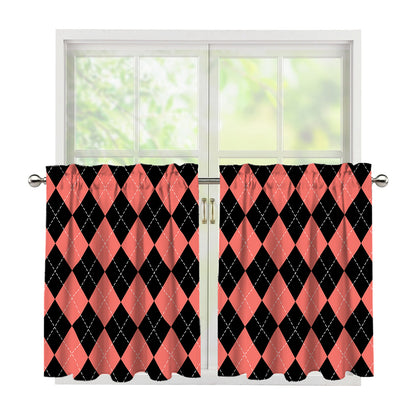 Black And Coral Argyle Pattern Print Tier Curtains
