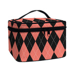 Black And Coral Argyle Pattern Print Travel Makeup Bag