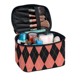 Black And Coral Argyle Pattern Print Travel Makeup Bag