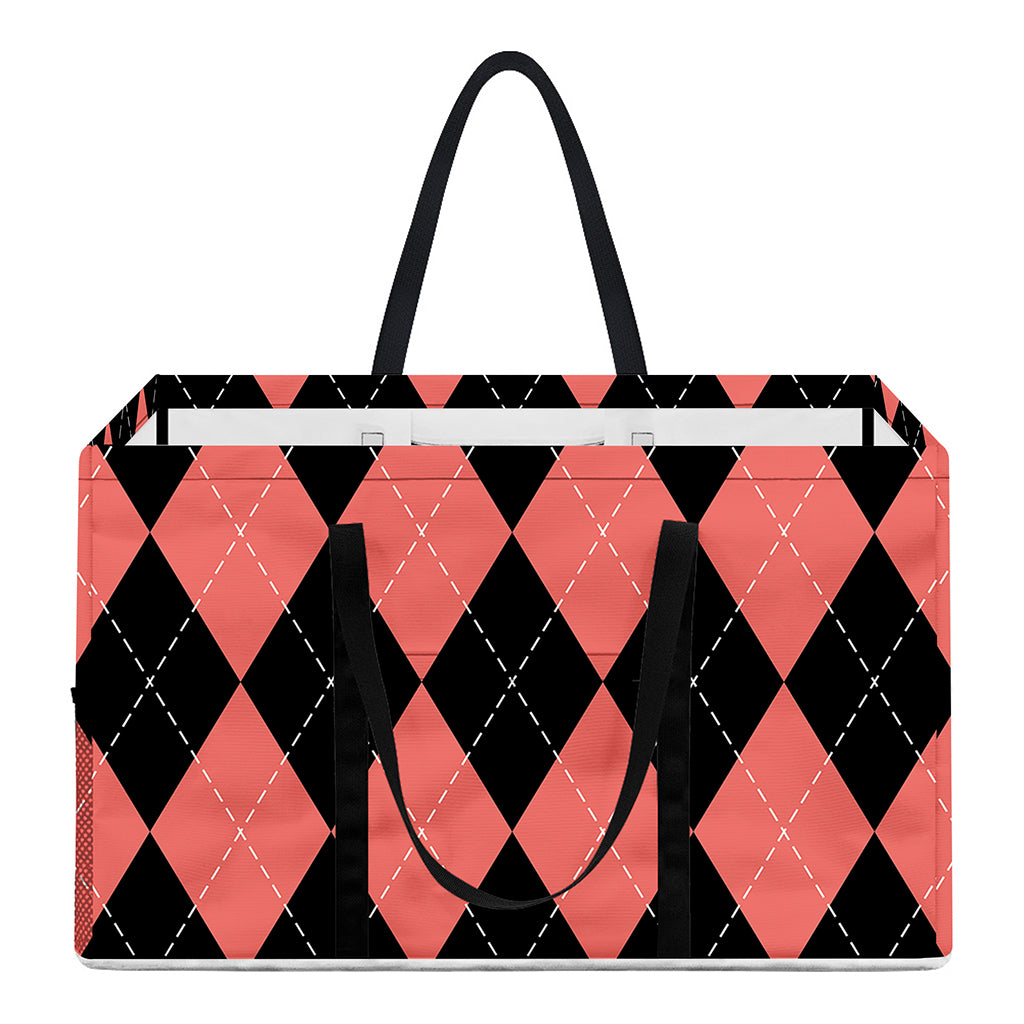 Black And Coral Argyle Pattern Print Utility Tote Bag