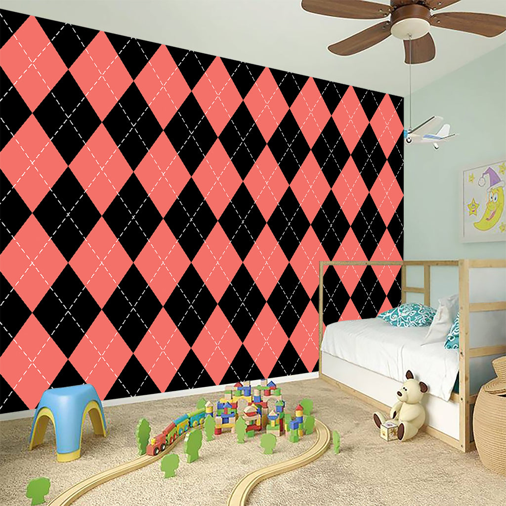 Black And Coral Argyle Pattern Print Wall Sticker