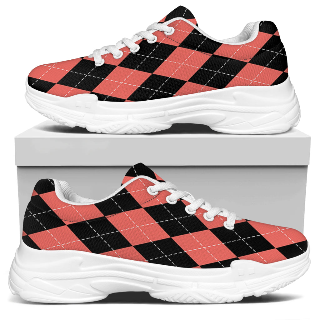 Black And Coral Argyle Pattern Print White Chunky Shoes
