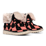 Black And Coral Argyle Pattern Print Winter Boots
