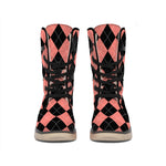 Black And Coral Argyle Pattern Print Winter Boots