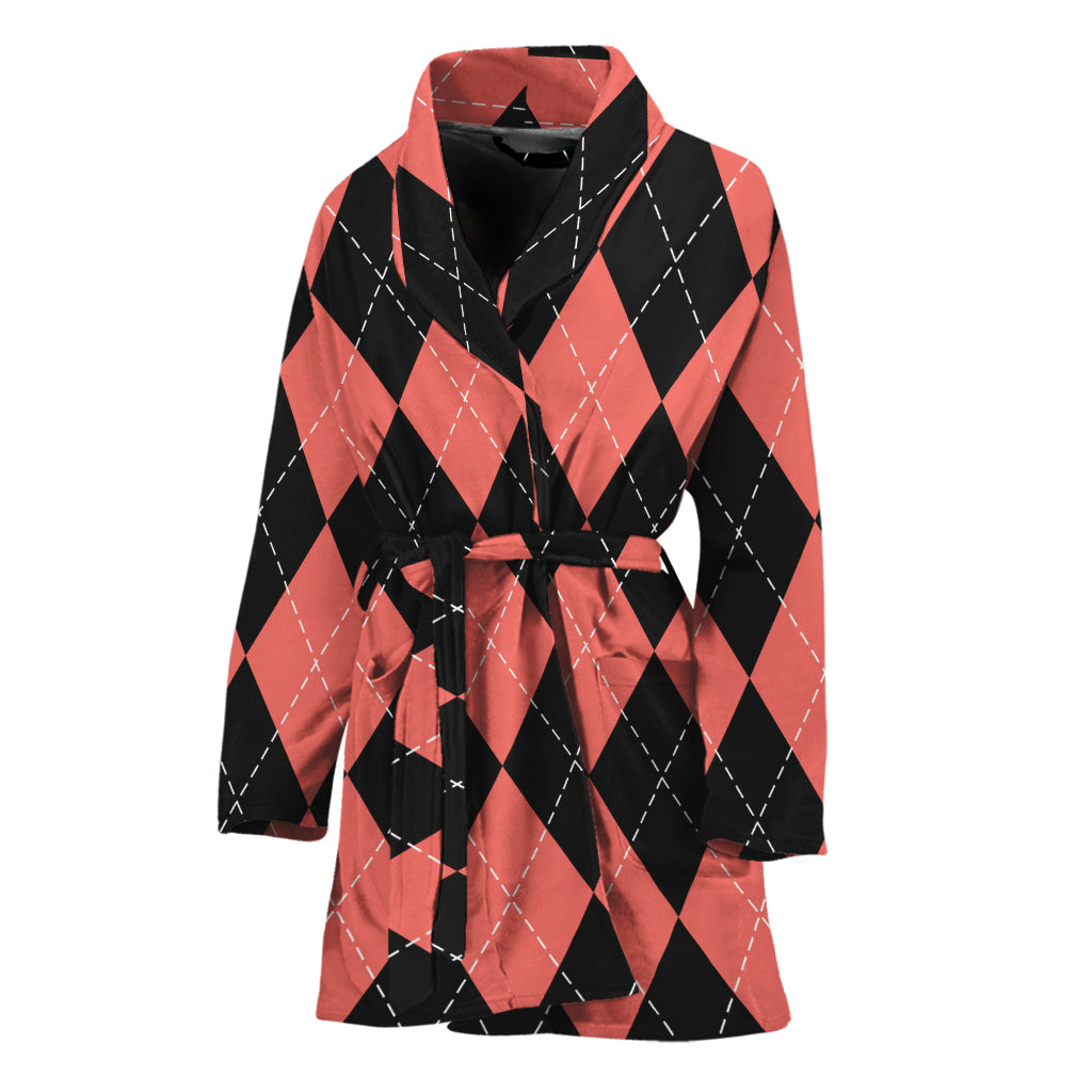 Black And Coral Argyle Pattern Print Women's Bathrobe