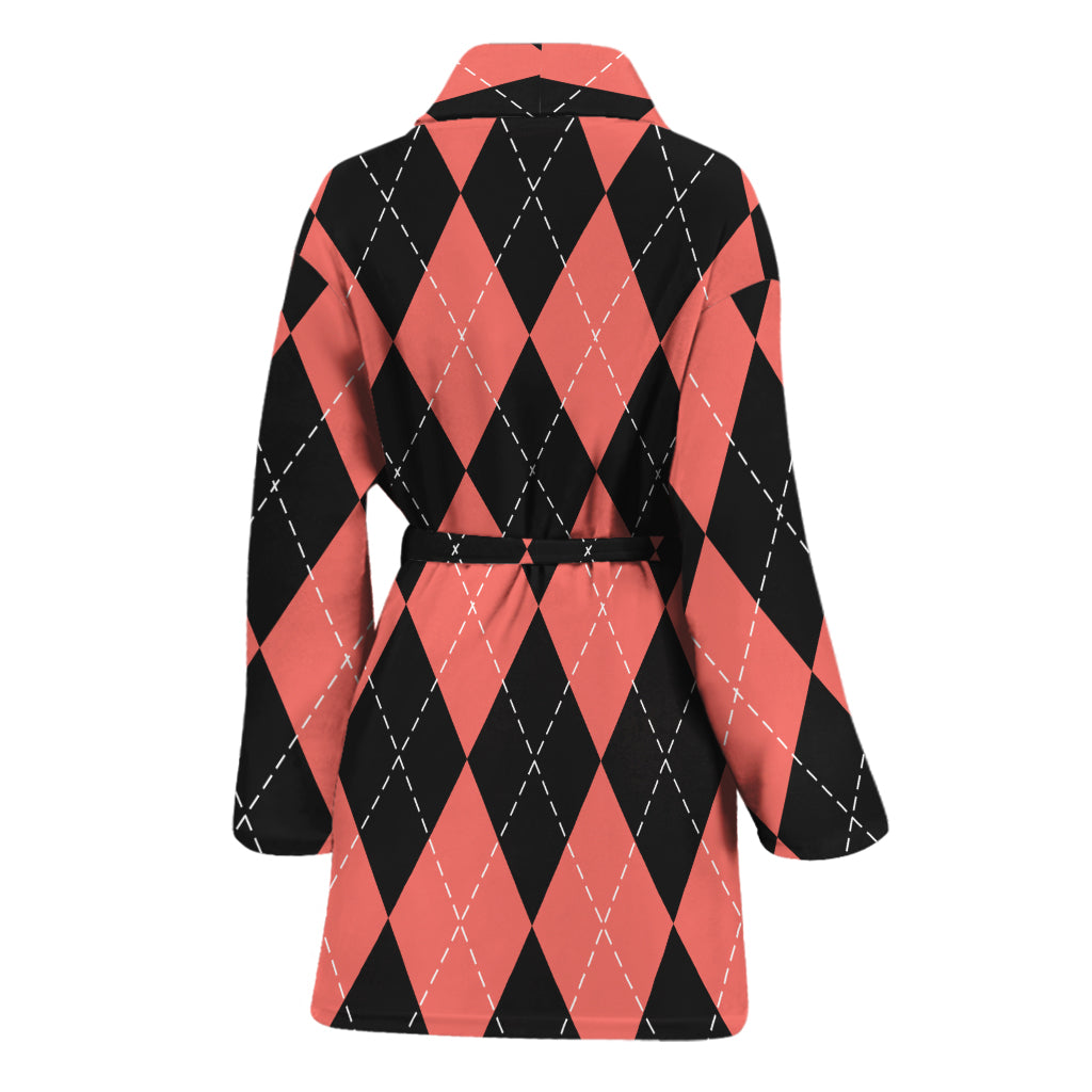 Black And Coral Argyle Pattern Print Women's Bathrobe