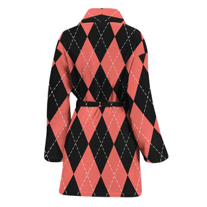 Black And Coral Argyle Pattern Print Women's Bathrobe