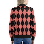 Black And Coral Argyle Pattern Print Women's Bomber Jacket