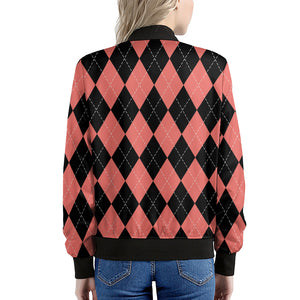 Black And Coral Argyle Pattern Print Women's Bomber Jacket