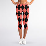 Black And Coral Argyle Pattern Print Women's Capri Leggings