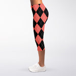 Black And Coral Argyle Pattern Print Women's Capri Leggings