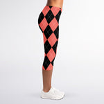 Black And Coral Argyle Pattern Print Women's Capri Leggings