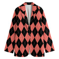 Black And Coral Argyle Pattern Print Women's Cotton Blazer