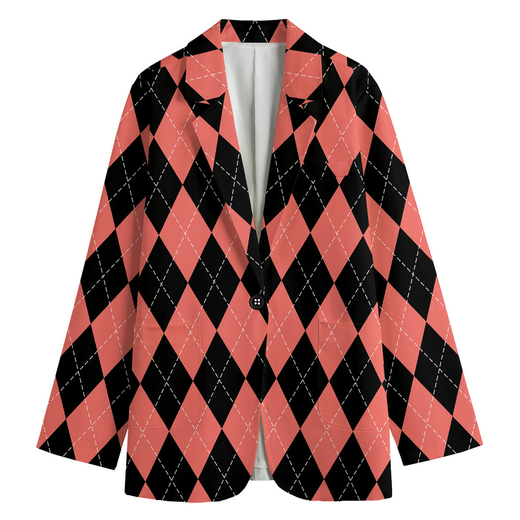 Black And Coral Argyle Pattern Print Women's Cotton Blazer