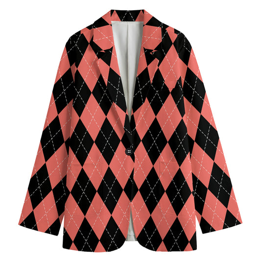 Black And Coral Argyle Pattern Print Women's Cotton Blazer