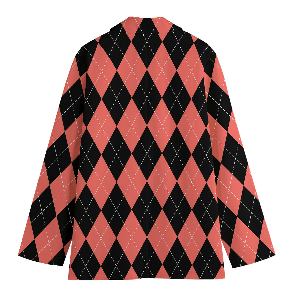 Black And Coral Argyle Pattern Print Women's Cotton Blazer
