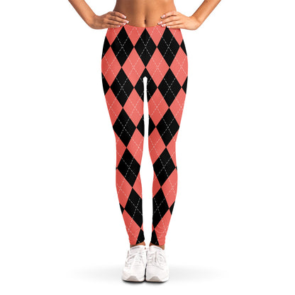 Black And Coral Argyle Pattern Print Women's Leggings