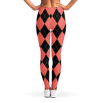 Black And Coral Argyle Pattern Print Women's Leggings