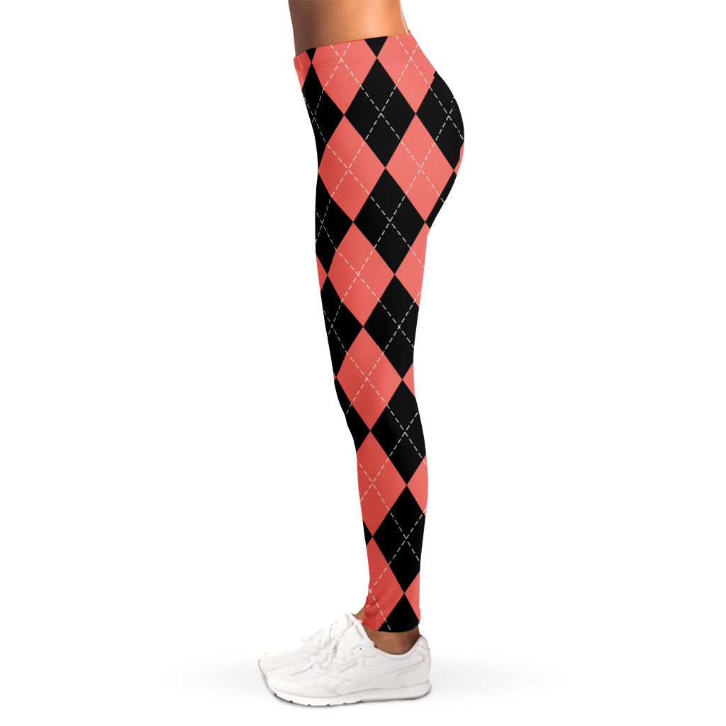 Black And Coral Argyle Pattern Print Women's Leggings