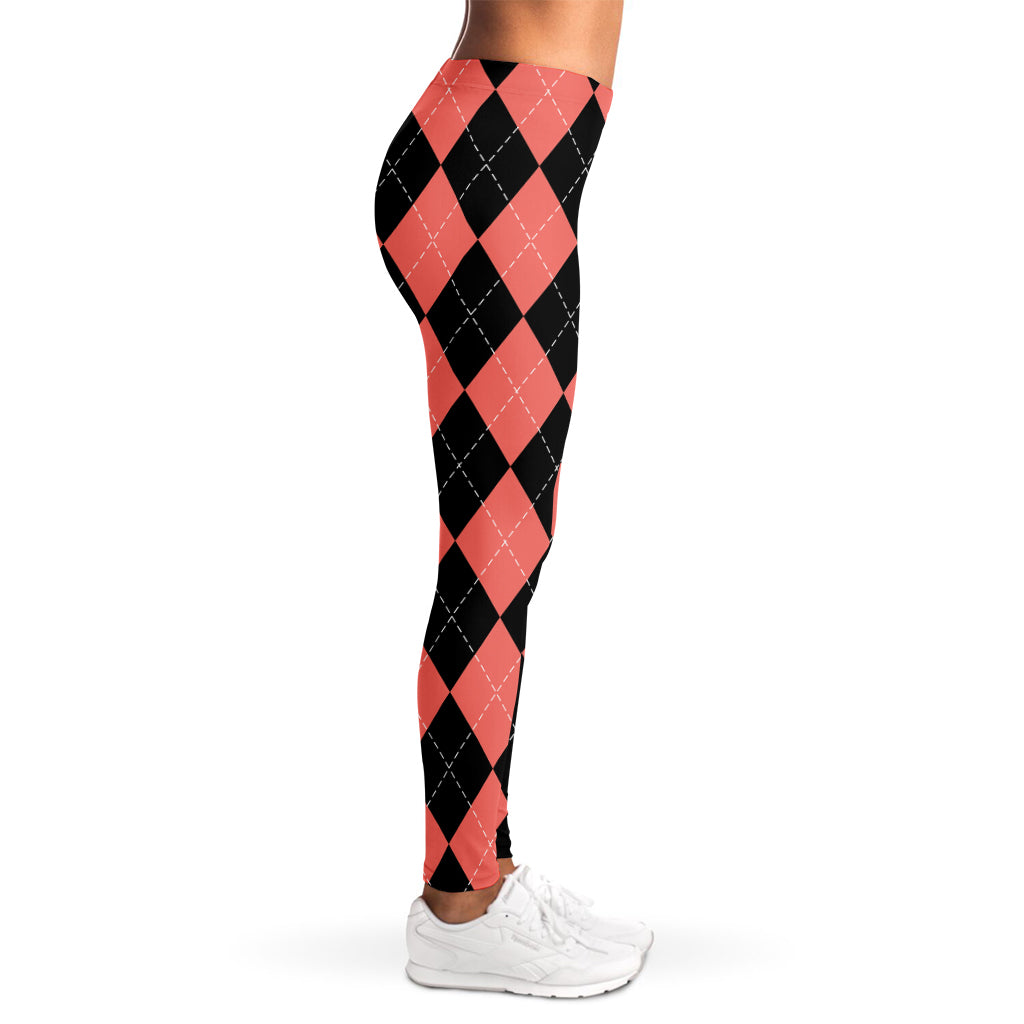 Black And Coral Argyle Pattern Print Women's Leggings
