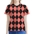 Black And Coral Argyle Pattern Print Women's Polo Shirt
