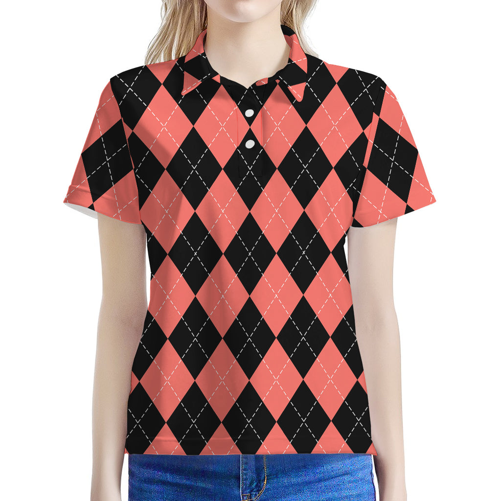 Black And Coral Argyle Pattern Print Women's Polo Shirt