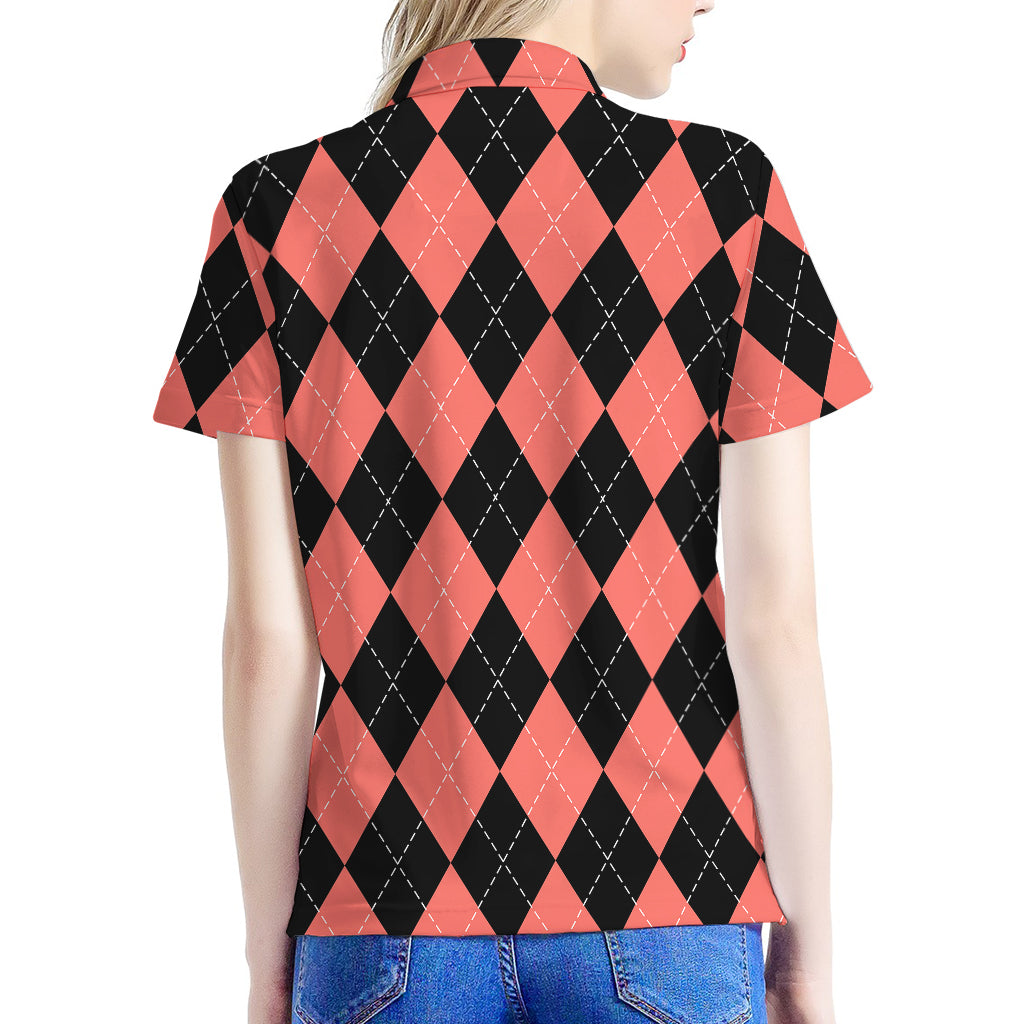 Black And Coral Argyle Pattern Print Women's Polo Shirt