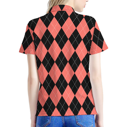 Black And Coral Argyle Pattern Print Women's Polo Shirt