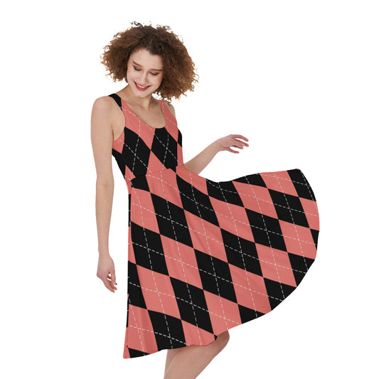 Black And Coral Argyle Pattern Print Women's Sleeveless Dress