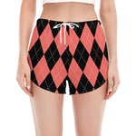 Black And Coral Argyle Pattern Print Women's Split Running Shorts