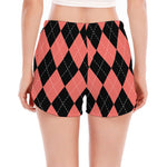 Black And Coral Argyle Pattern Print Women's Split Running Shorts