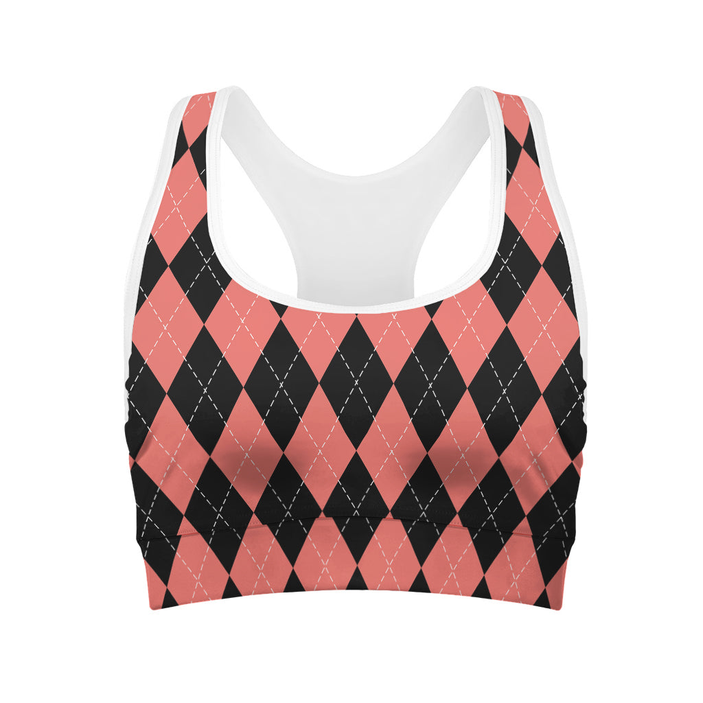 Black And Coral Argyle Pattern Print Women's Sports Bra