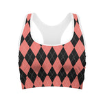 Black And Coral Argyle Pattern Print Women's Sports Bra