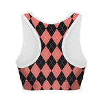 Black And Coral Argyle Pattern Print Women's Sports Bra
