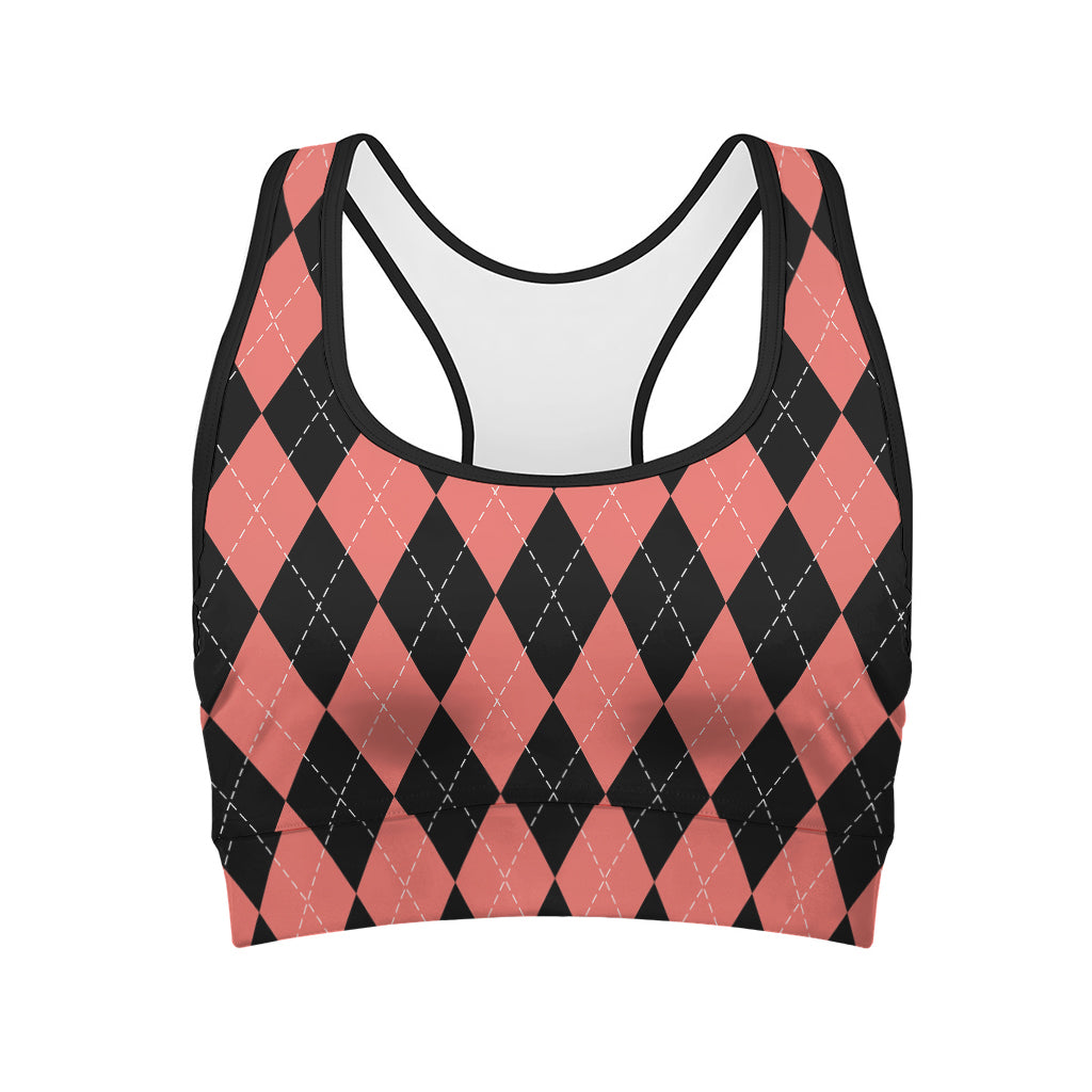 Black And Coral Argyle Pattern Print Women's Sports Bra