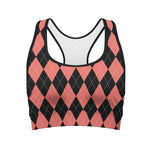 Black And Coral Argyle Pattern Print Women's Sports Bra