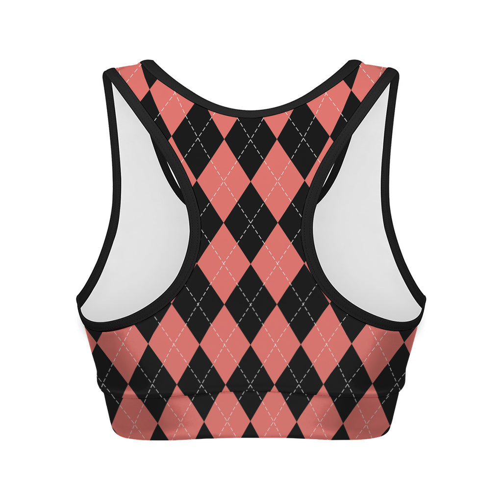Black And Coral Argyle Pattern Print Women's Sports Bra