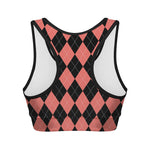 Black And Coral Argyle Pattern Print Women's Sports Bra