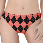 Black And Coral Argyle Pattern Print Women's Thong