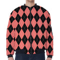 Black And Coral Argyle Pattern Print Zip Sleeve Bomber Jacket