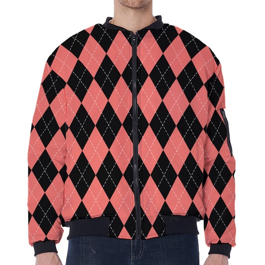 Black And Coral Argyle Pattern Print Zip Sleeve Bomber Jacket