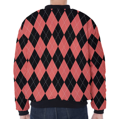 Black And Coral Argyle Pattern Print Zip Sleeve Bomber Jacket