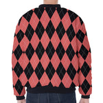 Black And Coral Argyle Pattern Print Zip Sleeve Bomber Jacket