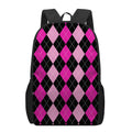 Black And Deep Pink Argyle Pattern Print 17 Inch Backpack
