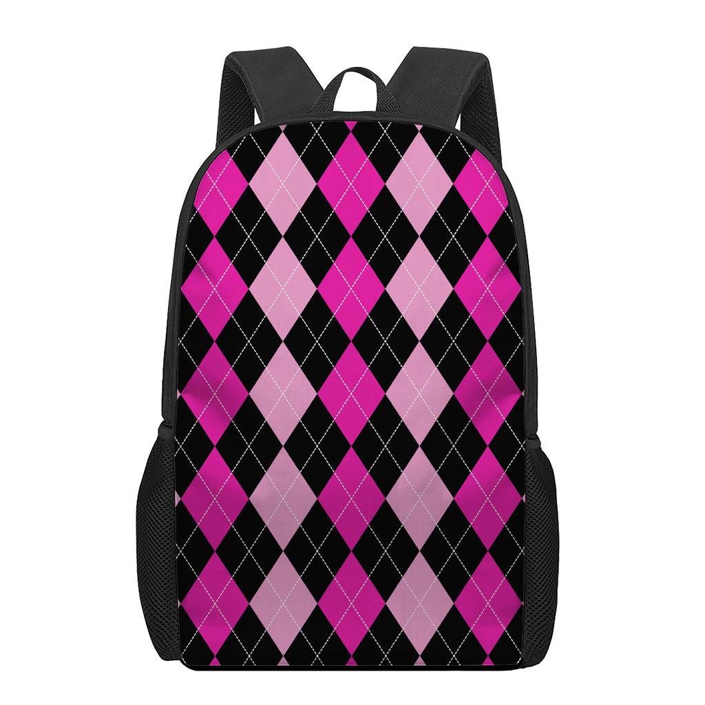 Black And Deep Pink Argyle Pattern Print 17 Inch Backpack