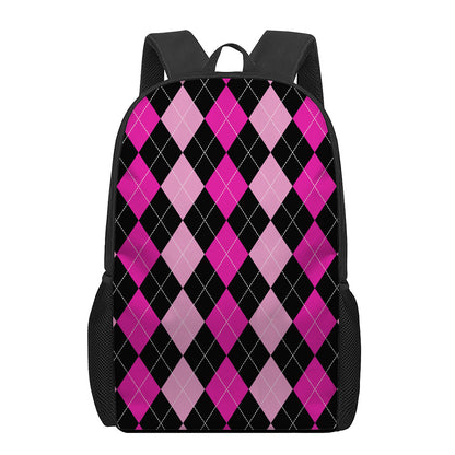Black And Deep Pink Argyle Pattern Print 17 Inch Backpack