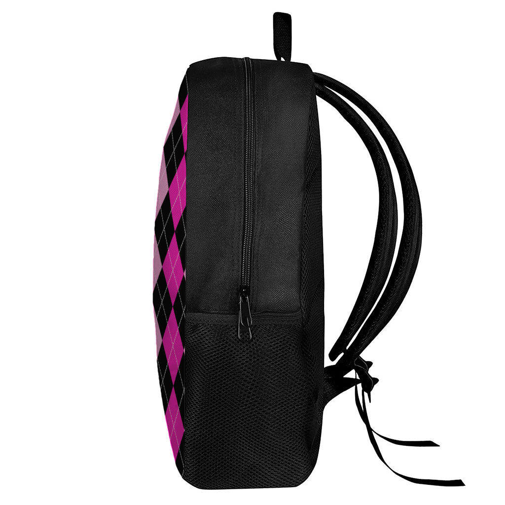 Black And Deep Pink Argyle Pattern Print 17 Inch Backpack