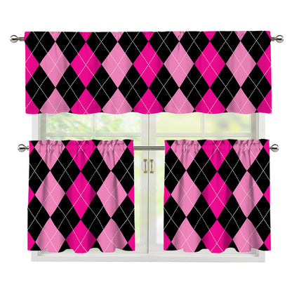 Black And Deep Pink Argyle Pattern Print 3 Piece Kitchen Curtains