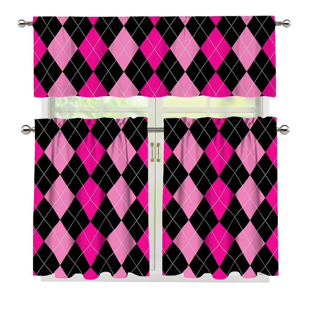 Black And Deep Pink Argyle Pattern Print 3 Piece Kitchen Curtains